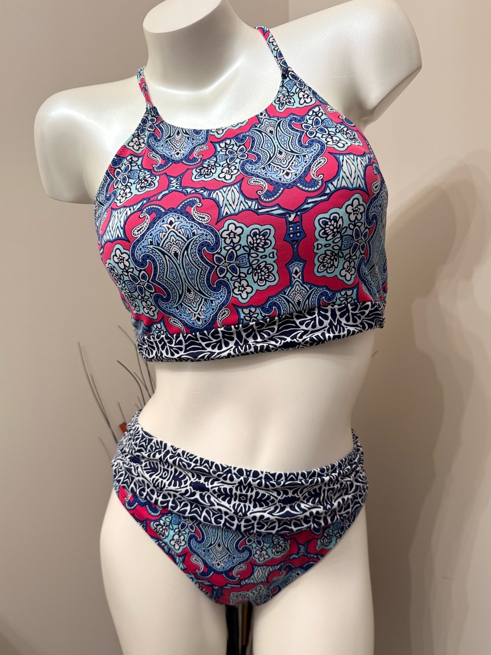Tommy Bahama 2 Piece Bikini Swimsuit Reversible Top Sz L Blue Pink Floral Boho